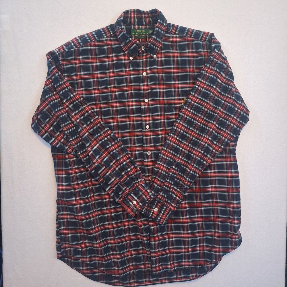 Vtg 90s Lauren Ralph Lauren Button Down Shirt Red Plaid Crest Womens Size L Prep